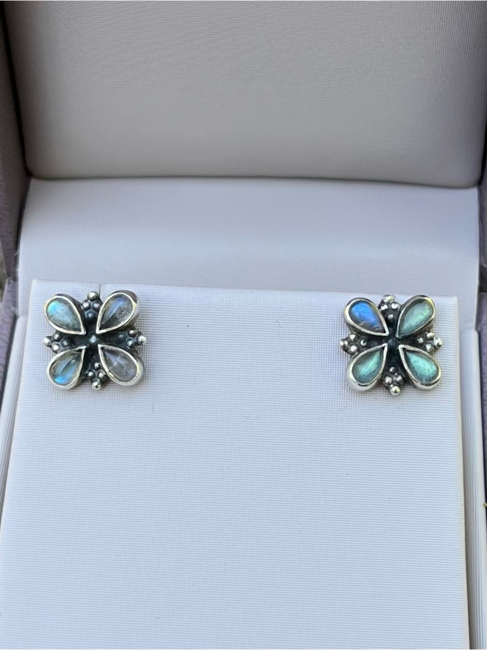 Sundance Sterling Silver Flower Stud Earrings with Blue-Green Iridescent Petals